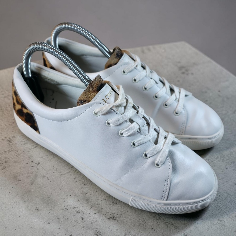 J Crew Road Trip Sneakers Leather White w Leopard Calf Hair Size 9
